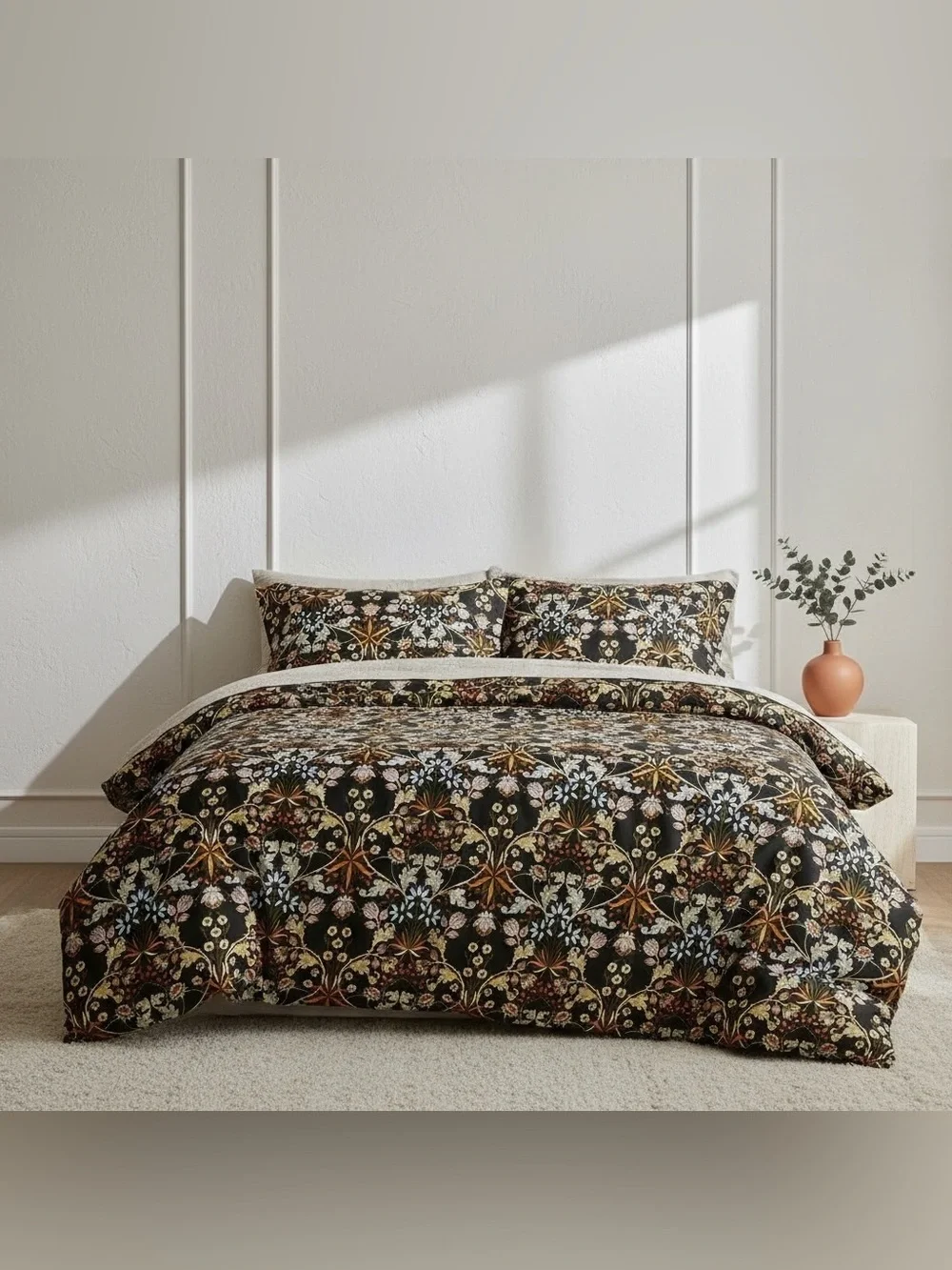 NEW Anthropologie Black Orange Floral Cotton Queen / King Bedding Duvet Sham Set